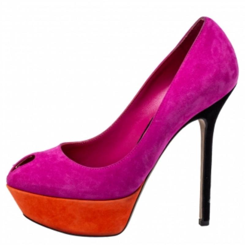 Women's Sergio Rossi Purple/Orange Suede Peep Toe Pumps Size 37.5 For Sale