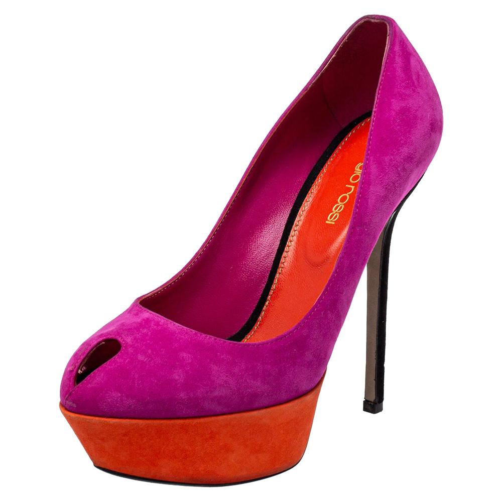 Sergio Rossi Purple/Orange Suede Peep Toe Pumps Size 37.5 For Sale