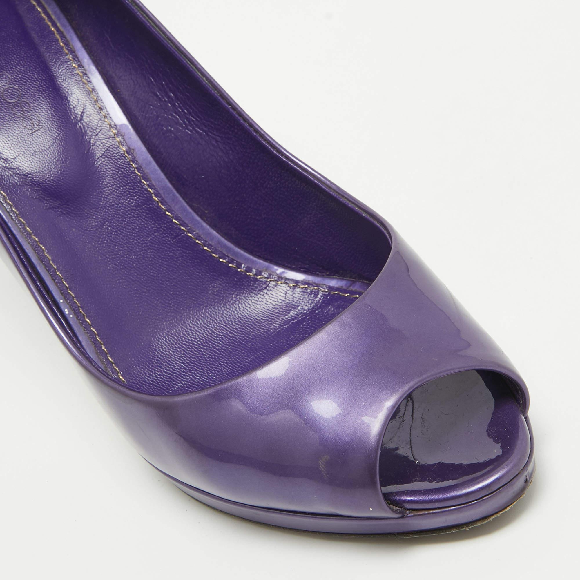 Sergio Rossi Purple Patent Leather Peep Toe Platform Pumps Size 38.5 For Sale 2