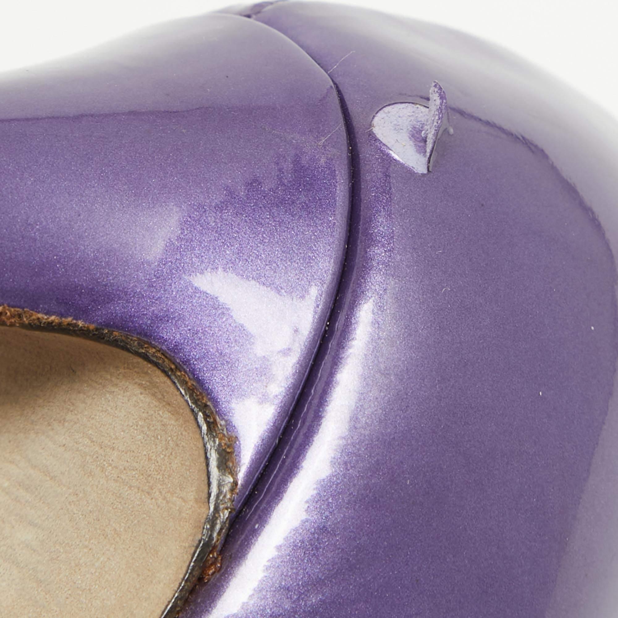Sergio Rossi Purple Patent Leather Peep Toe Platform Pumps Size 38.5 For Sale 3