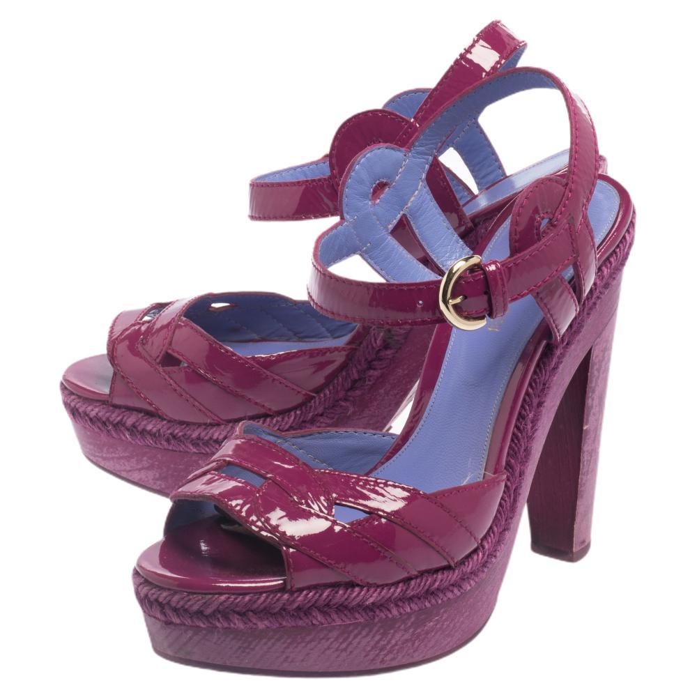 Women's Sergio Rossi Purple Patent Leather Wooden Platform Ankle Strap Sandals Size 36 For Sale