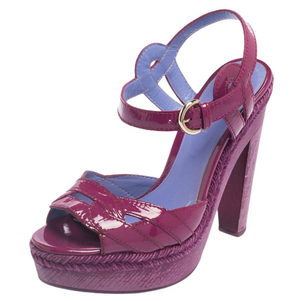 Sergio Rossi Purple Patent Leather Wooden Platform Ankle Strap Sandals Size 36 For Sale