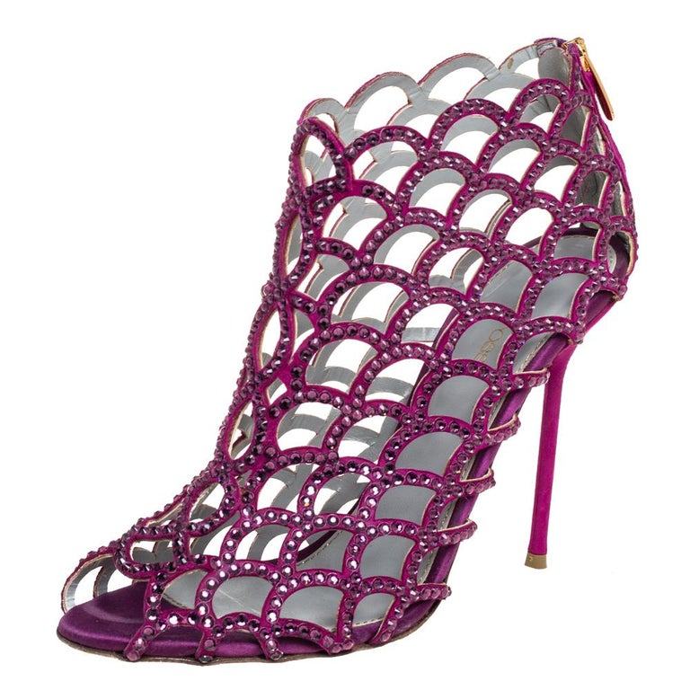 Sergio Rossi Purple Suede Crystal Embellished Peep Toe Caged Boots Size ...
