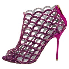 Sergio Rossi Purple Suede Crystal Embellished Peep Toe Caged Boots Size 39