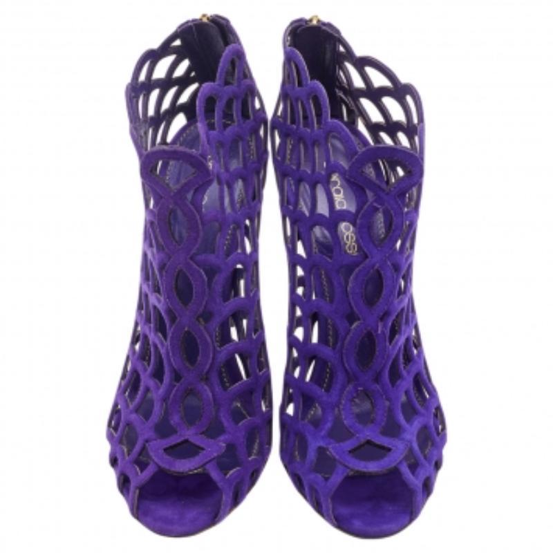 Women's Sergio Rossi Purple Suede Scalloped Peep Toe Caged Booties Size 37 For Sale