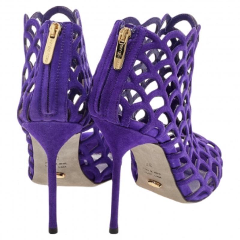 Sergio Rossi Purple Suede Scalloped Peep Toe Caged Booties Size 37 For Sale 1