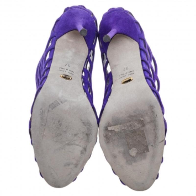 Sergio Rossi Purple Suede Scalloped Peep Toe Caged Booties Size 37 For Sale 2