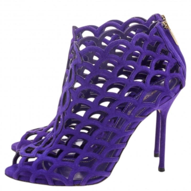 Sergio Rossi Purple Suede Scalloped Peep Toe Caged Booties Size 37 For Sale 3