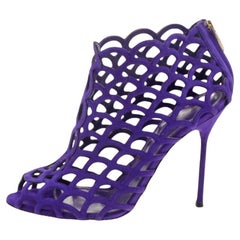 Sergio Rossi Purple Suede Scalloped Peep Toe Caged Booties Size 37