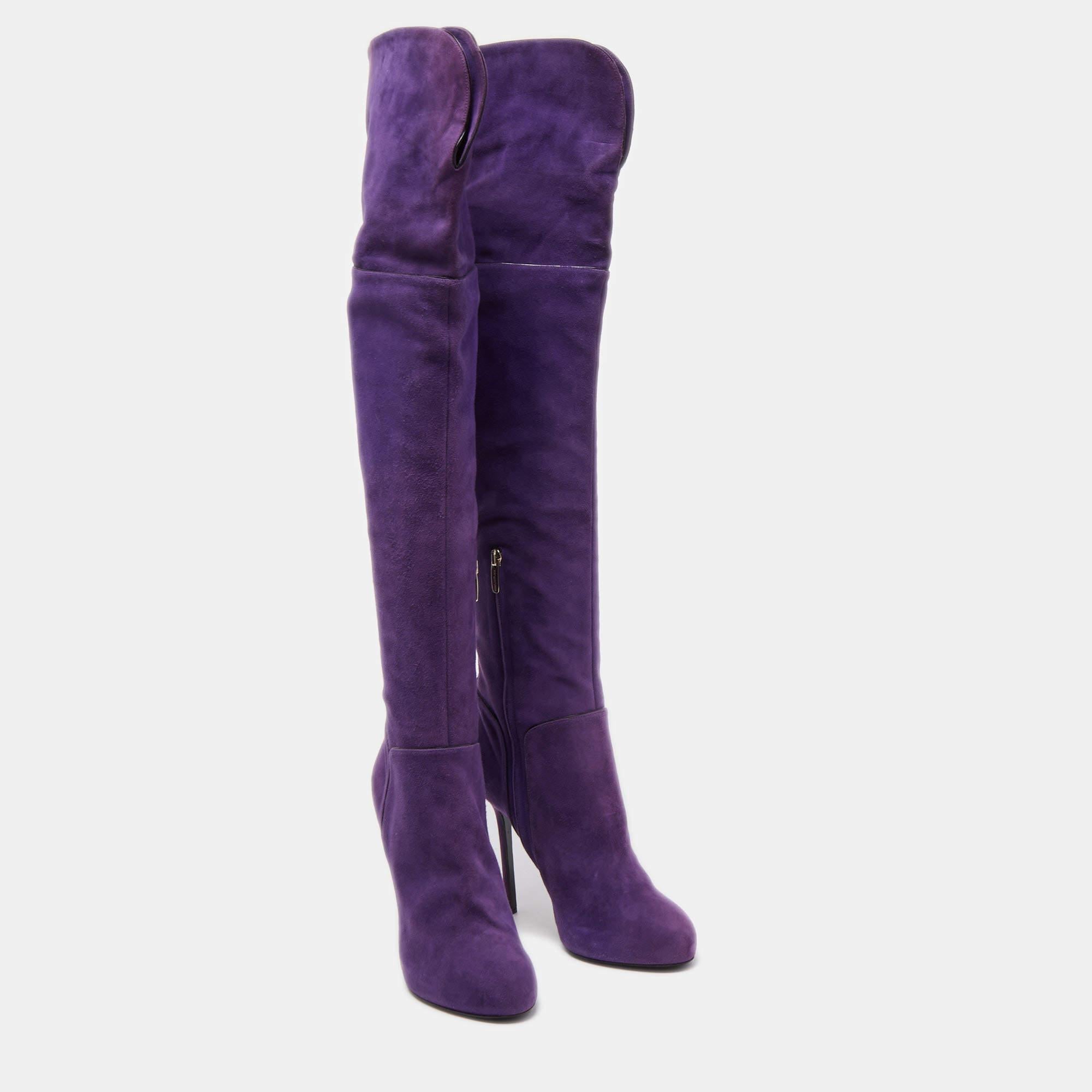Women's Sergio Rossi Purple Suede Zip Detail Knee Length Boots Size 40.5 For Sale