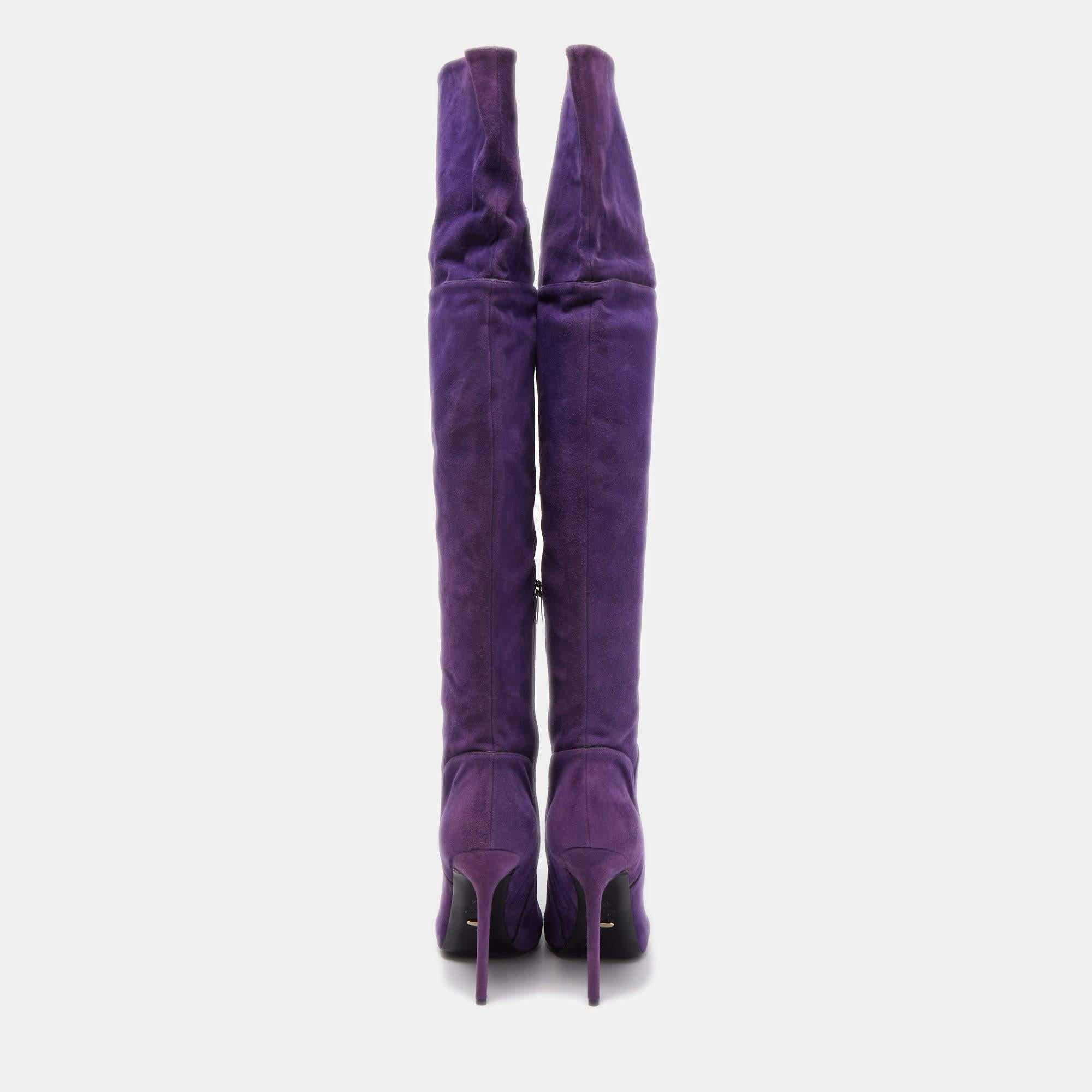Sergio Rossi Purple Suede Zip Detail Knee Length Boots Size 40.5 For Sale 1