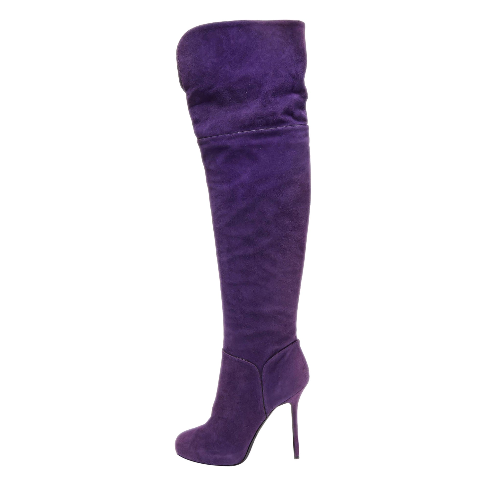 Sergio Rossi Purple Suede Zip Detail Knee Length Boots Size 40.5