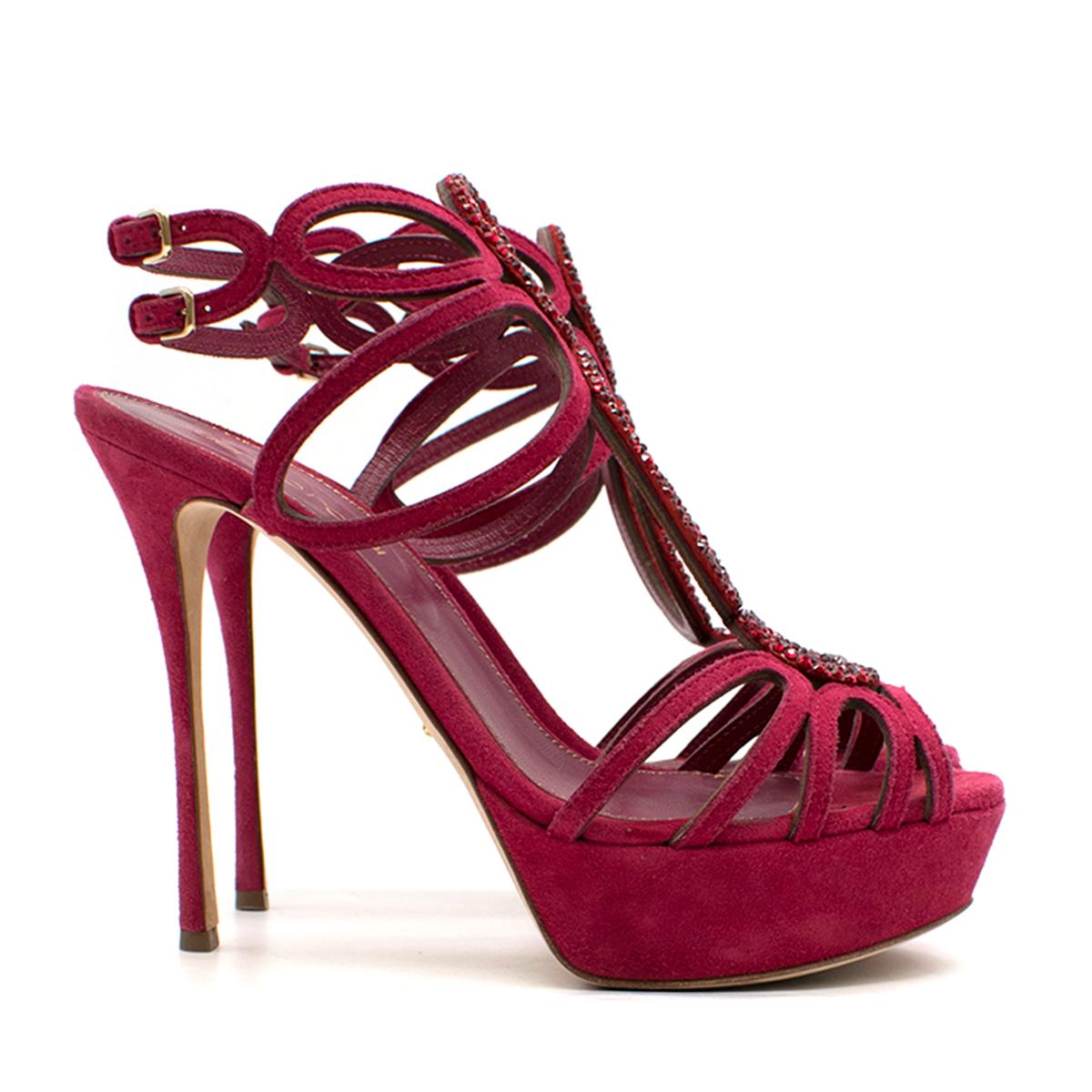 Sergio Rossi Raspberry Rhinestone-embellished Heeled Sandals

- Raspberry suede heeled sandals
- Peep toe
- Front rhinestone-embellished 
- Ankle straps, buckle fastening
- 115mm stiletto heel
- Raspberry leather lining with logo embroidered

Please