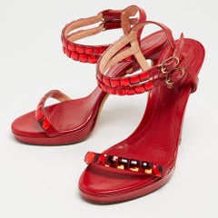 Sergio Rossi Red Leather Crystal Embellished Ankle Strap Sandals Size 37