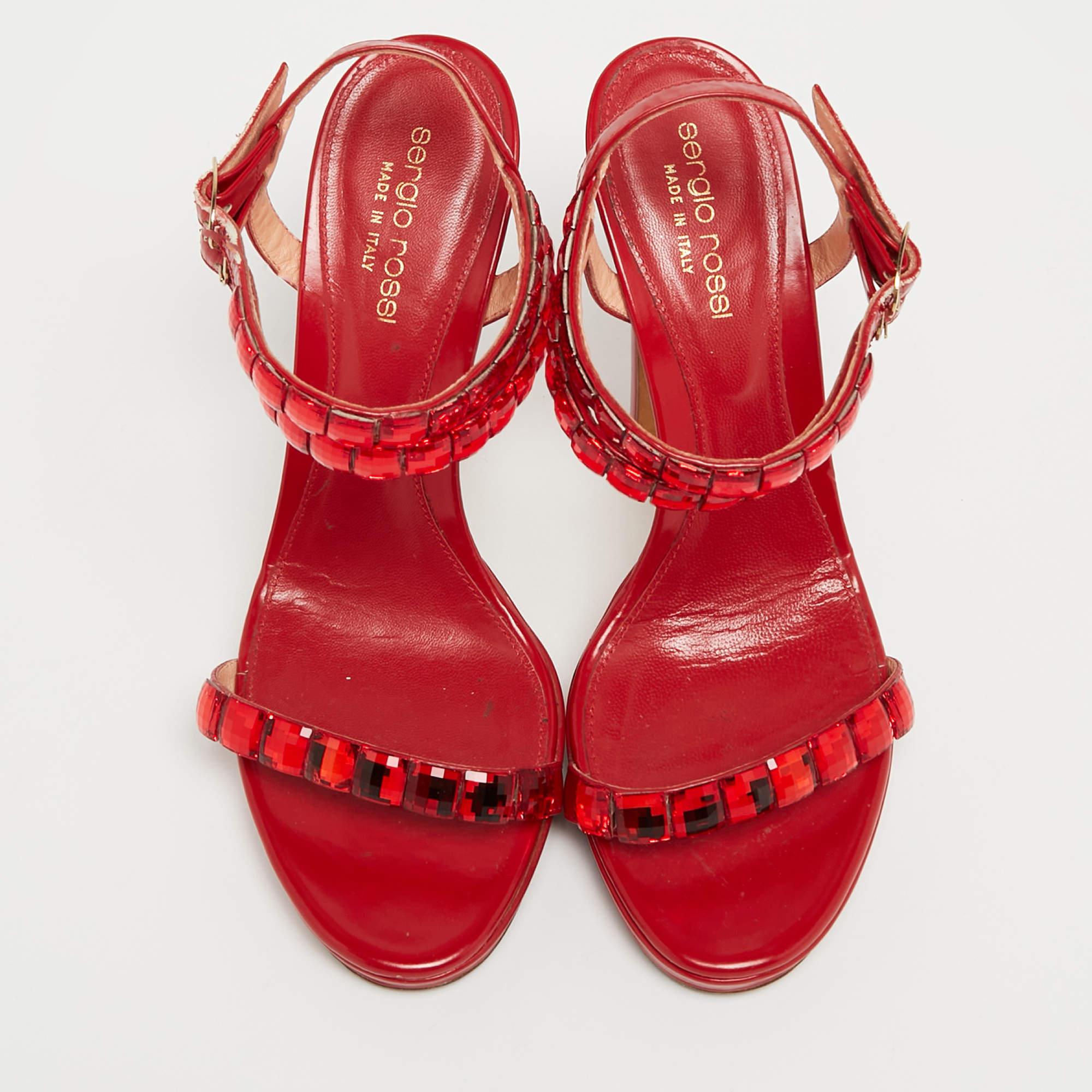 Sergio Rossi Red Leather Crystal Embellished Ankle Strap Sandals Size 37 In Good Condition For Sale In Dubai, Al Qouz 2