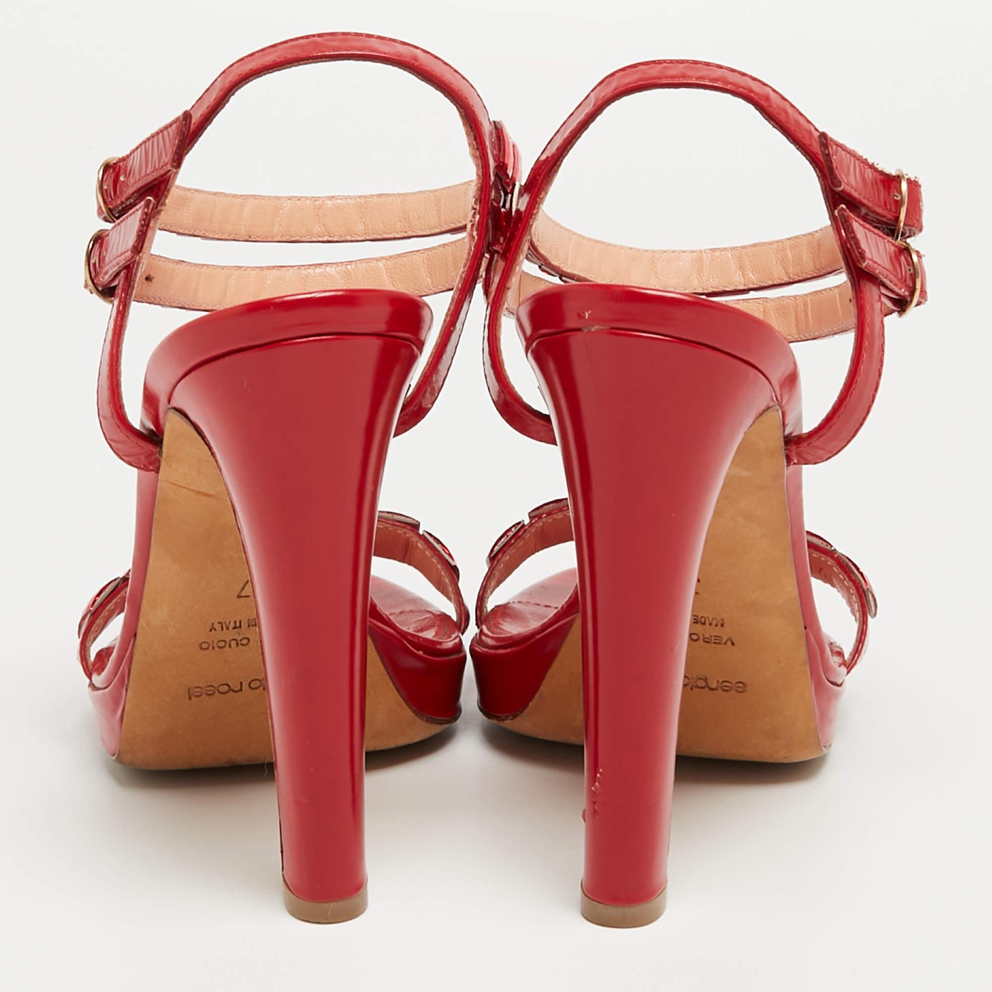 Sergio Rossi Red Leather Crystal Embellished Ankle Strap Sandals Size 37 For Sale 1