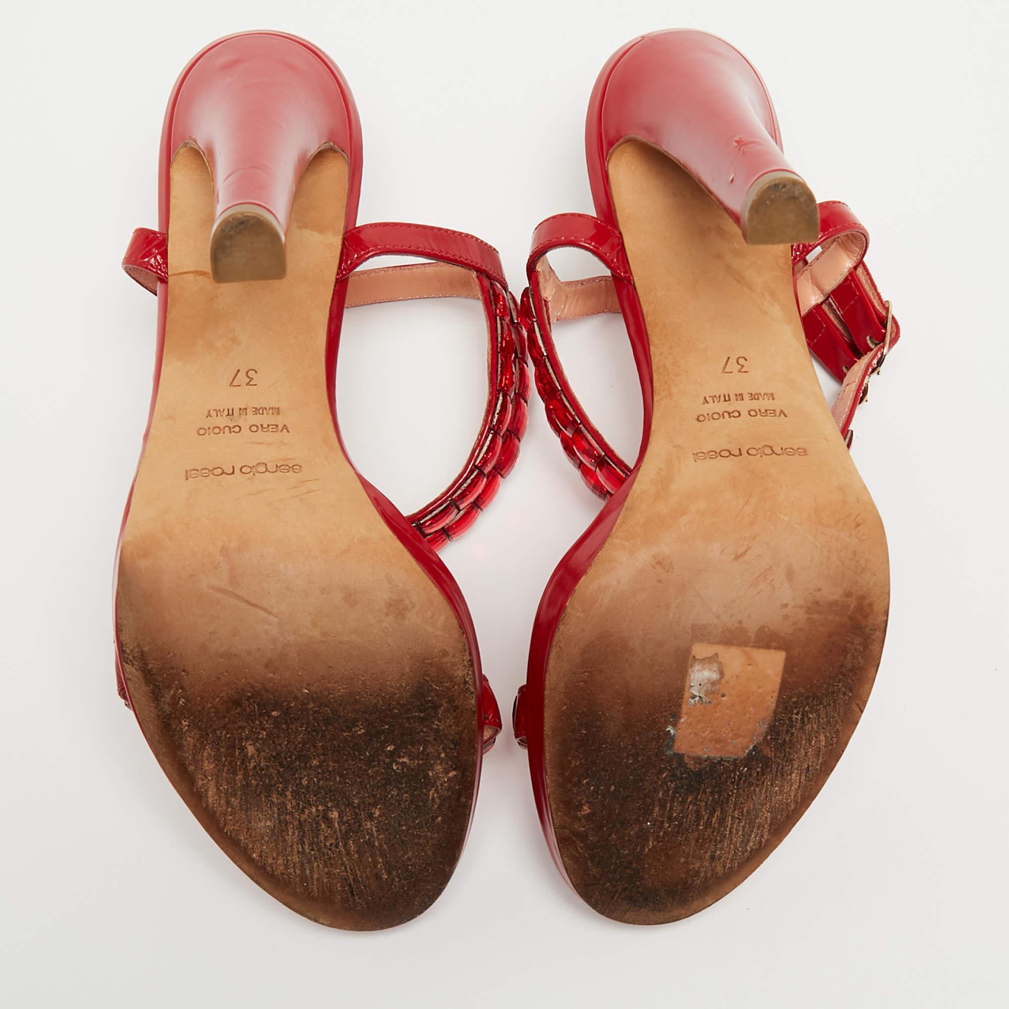 Sergio Rossi Red Leather Crystal Embellished Ankle Strap Sandals Size 37 For Sale 2