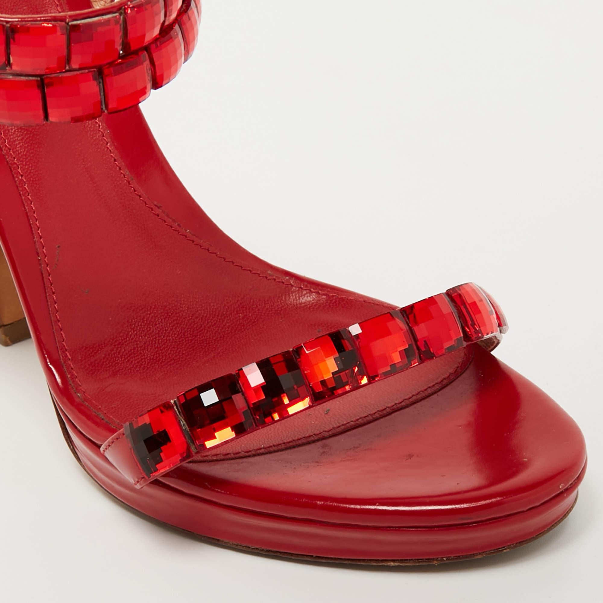 Sergio Rossi Red Leather Crystal Embellished Ankle Strap Sandals Size 37 For Sale 3