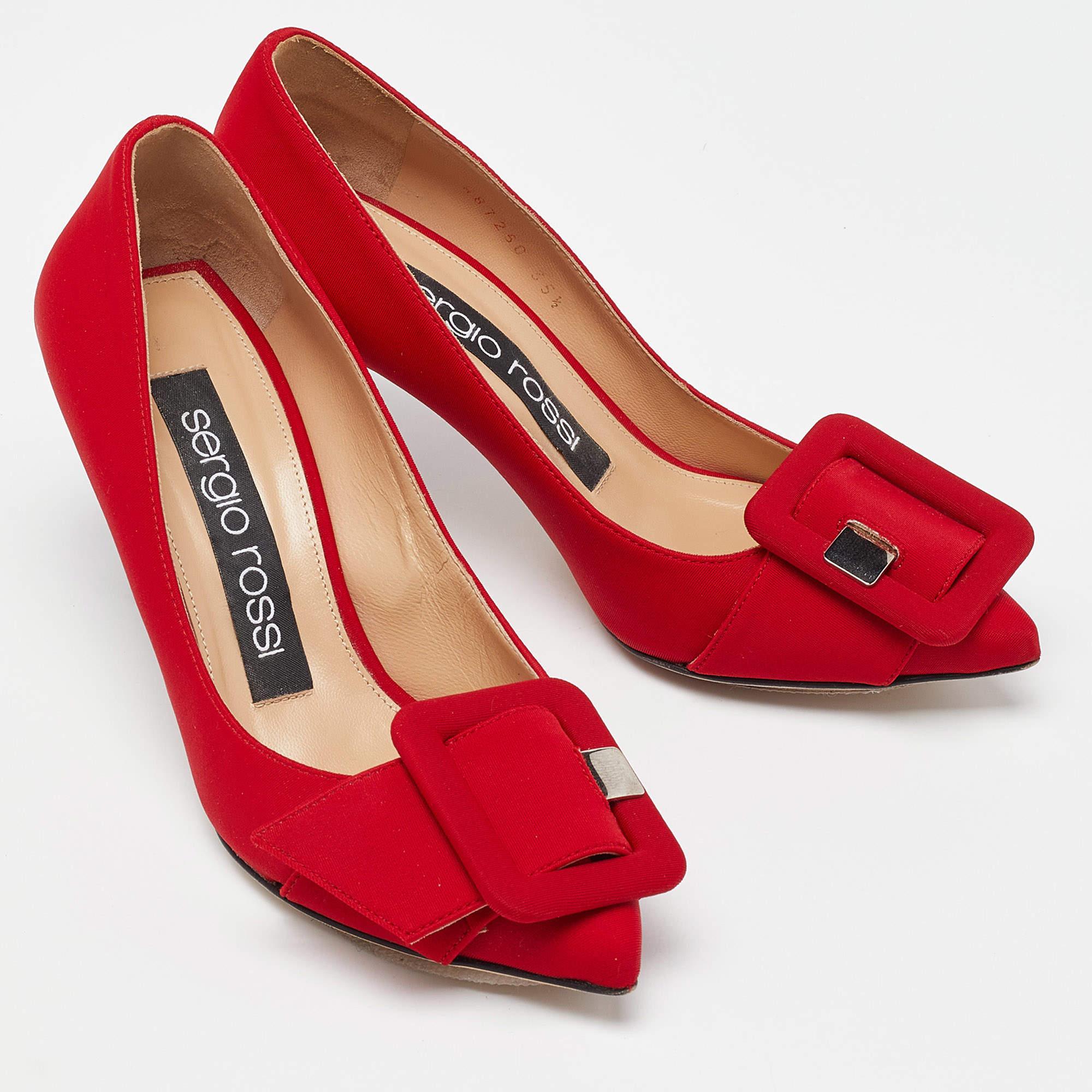 Women's Sergio Rossi Red Satin Buckle Pumps Size 35.5 For Sale