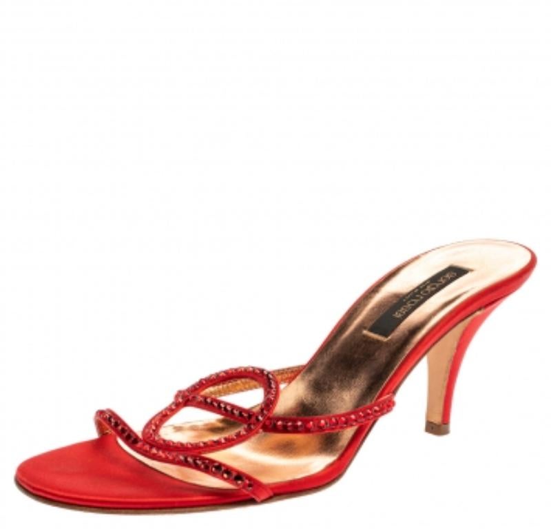 Women's Sergio Rossi Red Satin Crystal Embellished Slip On Sandals Size 37.5 For Sale