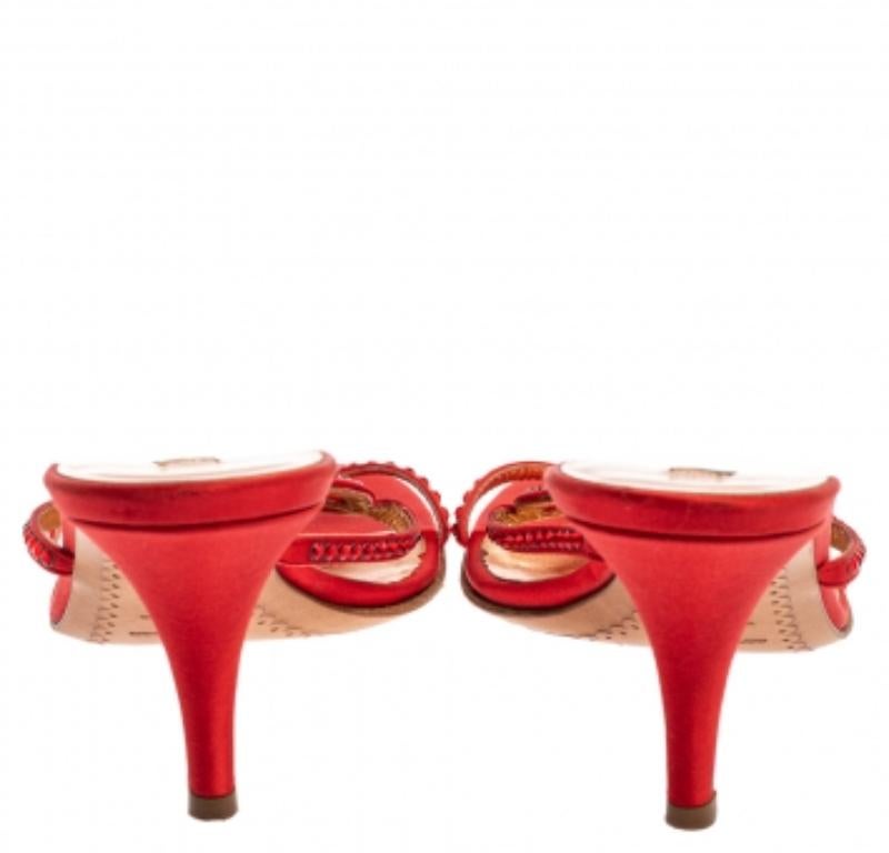 Sergio Rossi Red Satin Crystal Embellished Slip On Sandals Size 37.5 For Sale 1