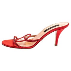 Sergio Rossi Red Satin Crystal Embellished Slip On Sandals Size 37.5