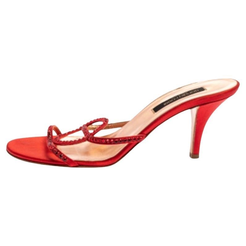 Sergio Rossi Red Satin Crystal Embellished Slip On Sandals Size 37.5 For Sale