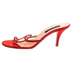 Sergio Rossi Red Satin Crystal Embellished Slip On Sandals Size 37.5