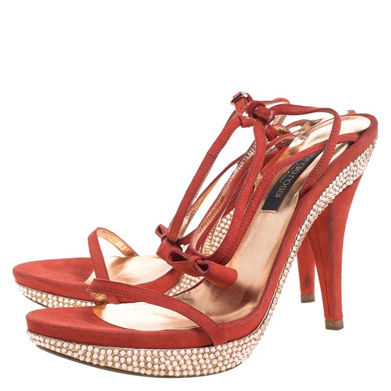 Sergio Rossi Red Suede Crystal Embellished Ankle Strap Platform Sandals Size 37 In Good Condition For Sale In Dubai, Al Qouz 2