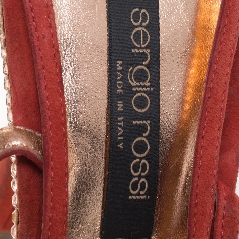 Sergio Rossi Red Suede Crystal Embellished Ankle Strap Platform Sandals ...