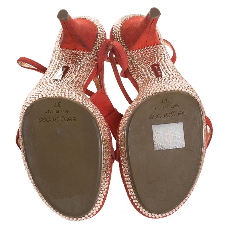 Sergio Rossi Red Suede Crystal Embellished Ankle Strap Platform Sandals Size 37 For Sale 1
