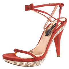 Sergio Rossi Red Suede Crystal Embellished Ankle Strap Platform Sandals Size 37