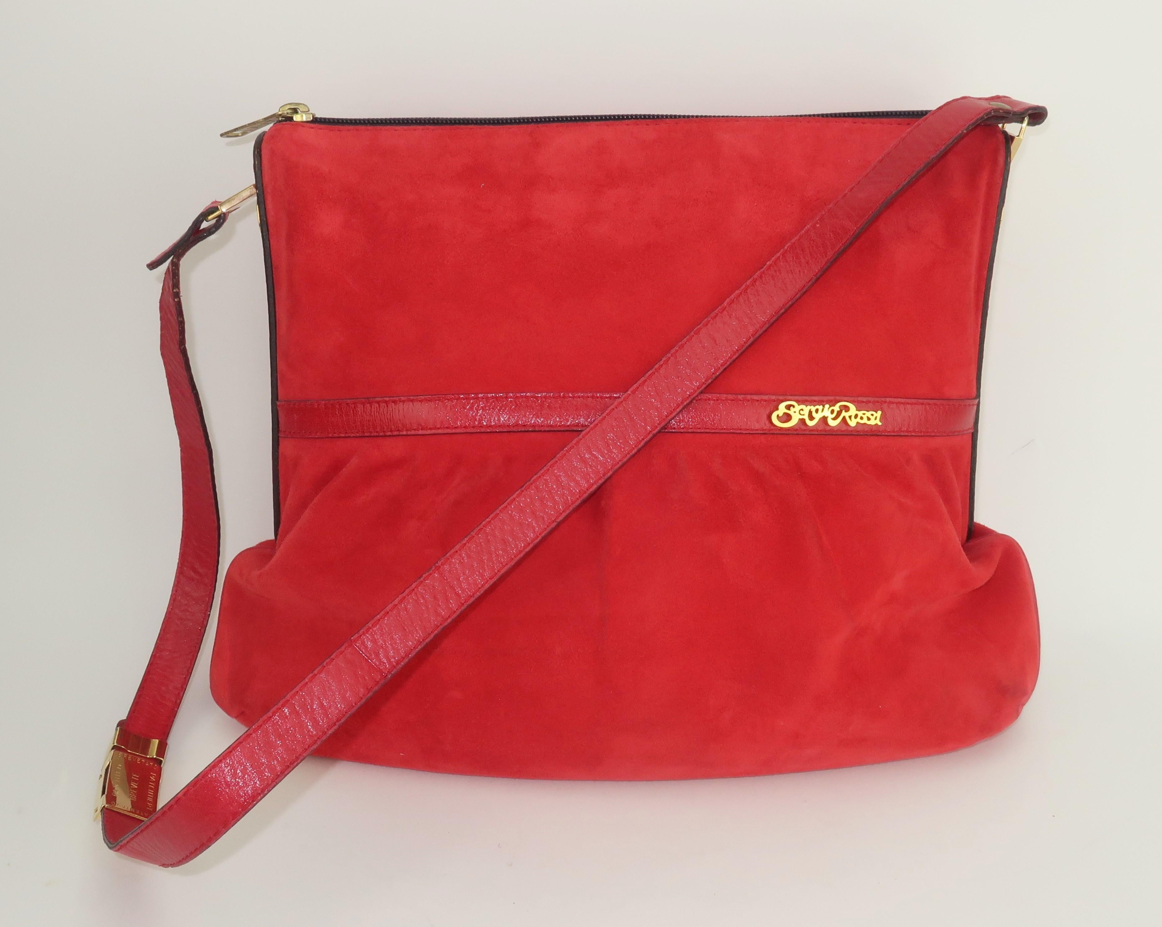 Sergio Rossi Red Suede Leather Handbag, 1970's For Sale 6