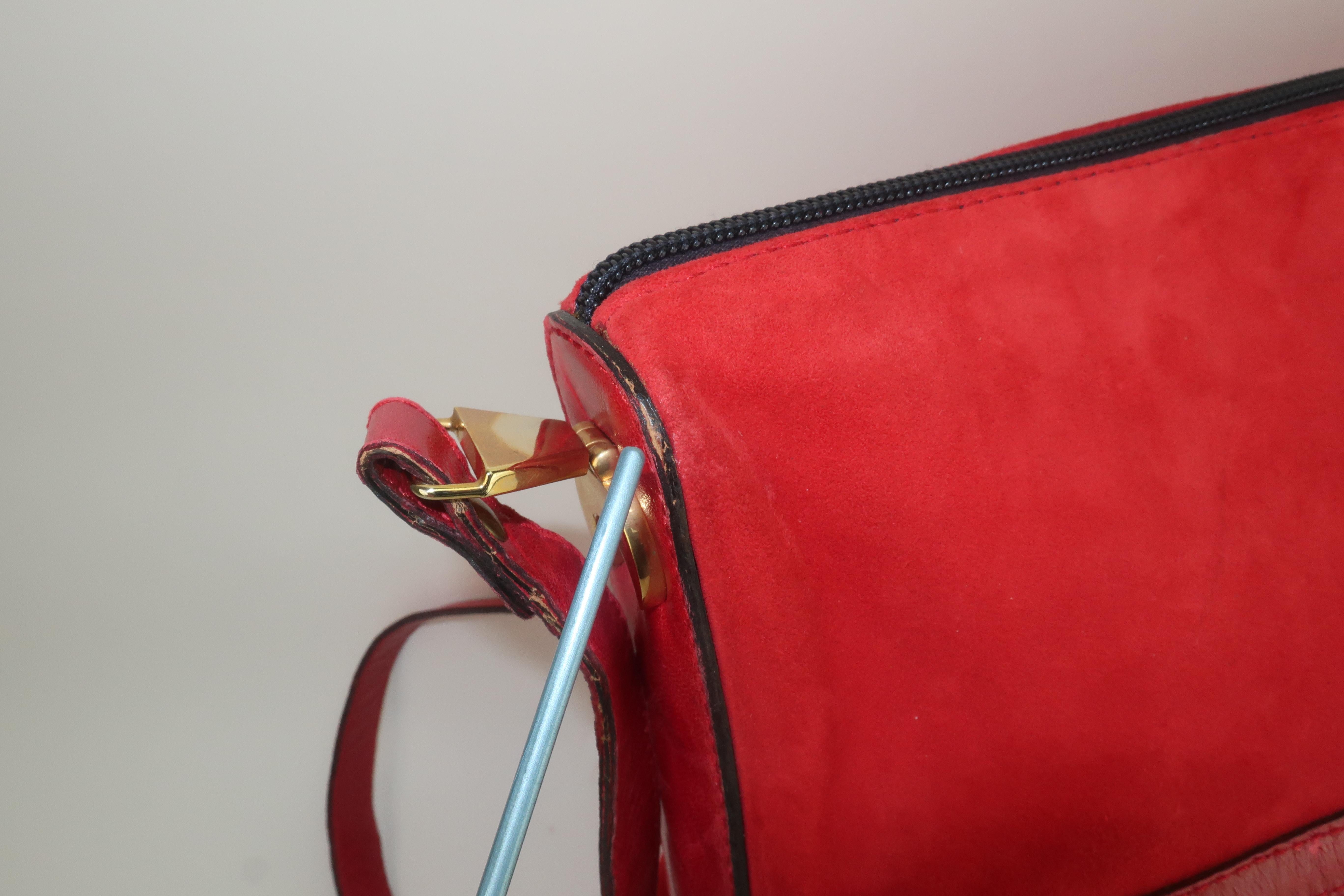 Sergio Rossi Red Suede Leather Handbag, 1970's 9