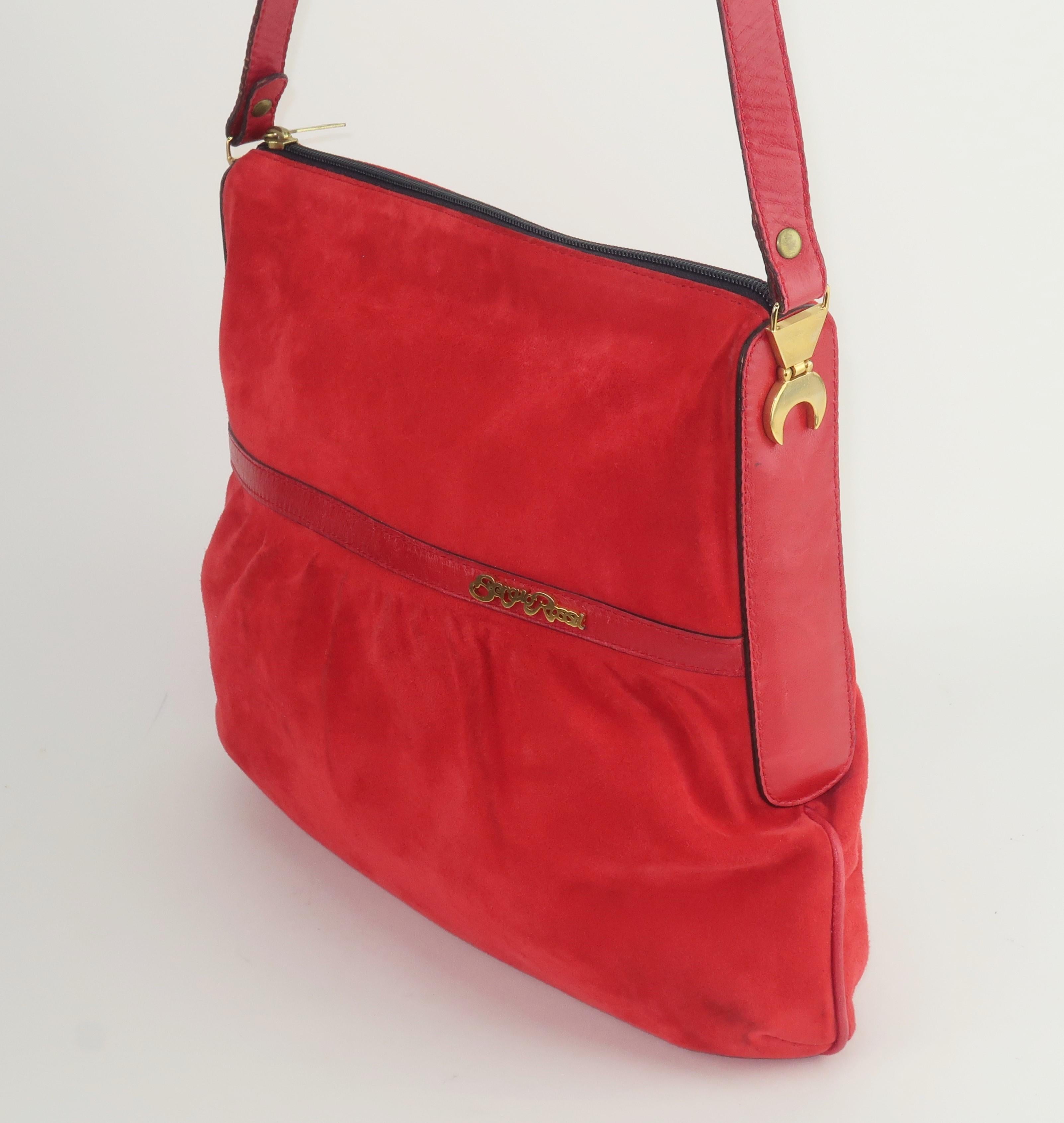 Sergio Rossi Red Suede Leather Handbag, 1970's In Fair Condition For Sale In Atlanta, GA