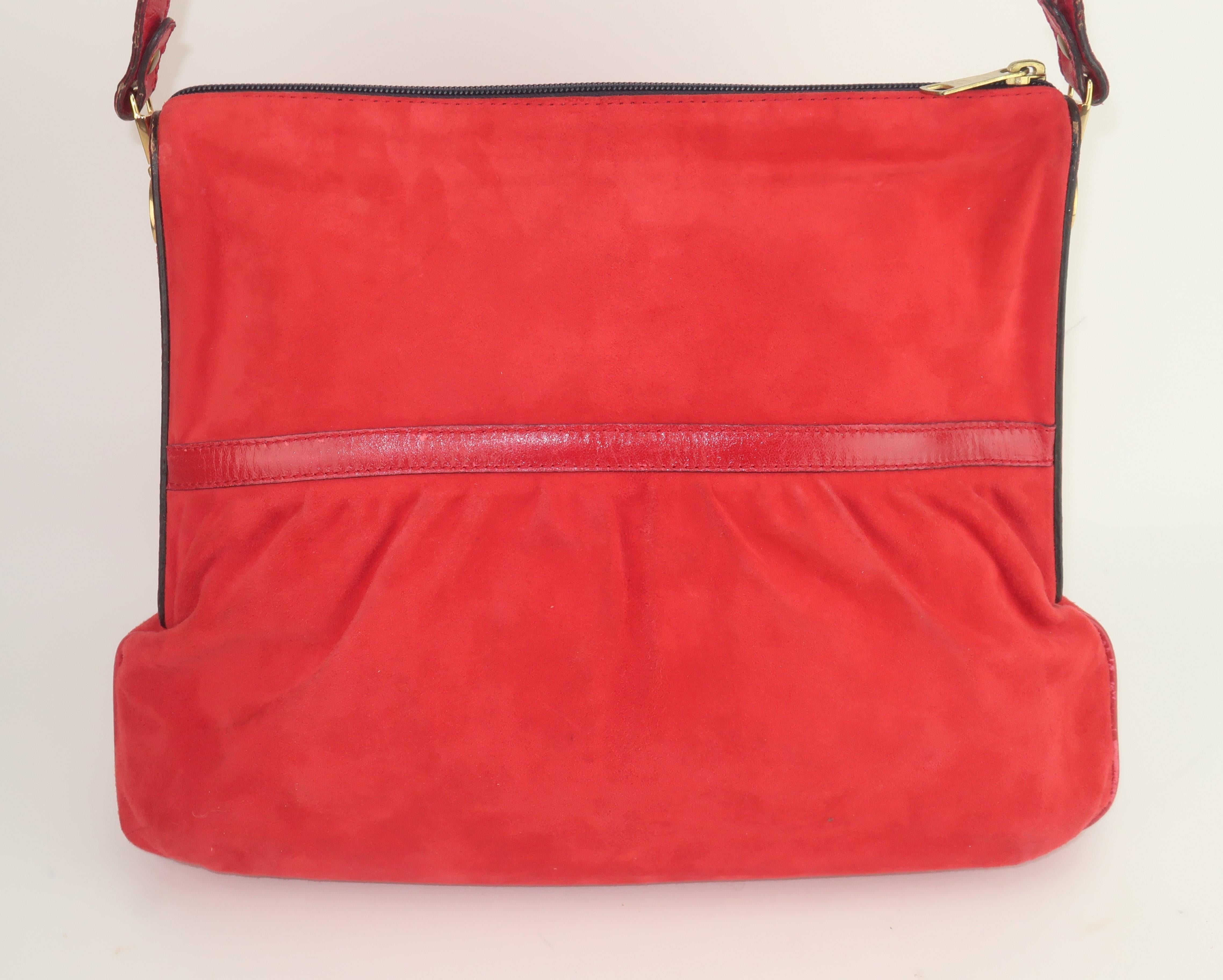 Sergio Rossi Red Suede Leather Handbag, 1970's 1