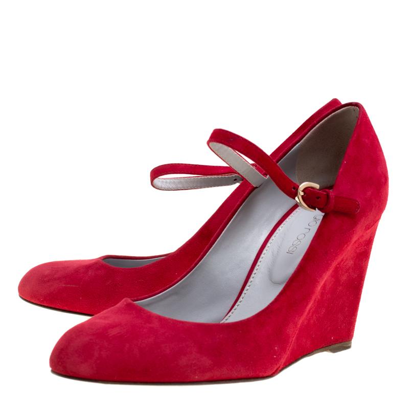 Sergio Rossi Red Suede Mary Jane Wedge Pumps Size 37.5 1