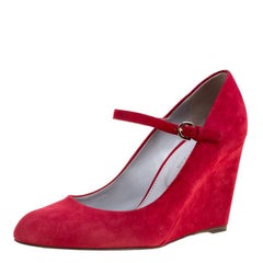 Sergio Rossi Red Suede Mary Jane Wedge Pumps Size 37.5