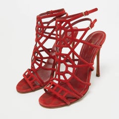 Sergio Rossi Red Suede Puzzle Caged Sandals Size 37