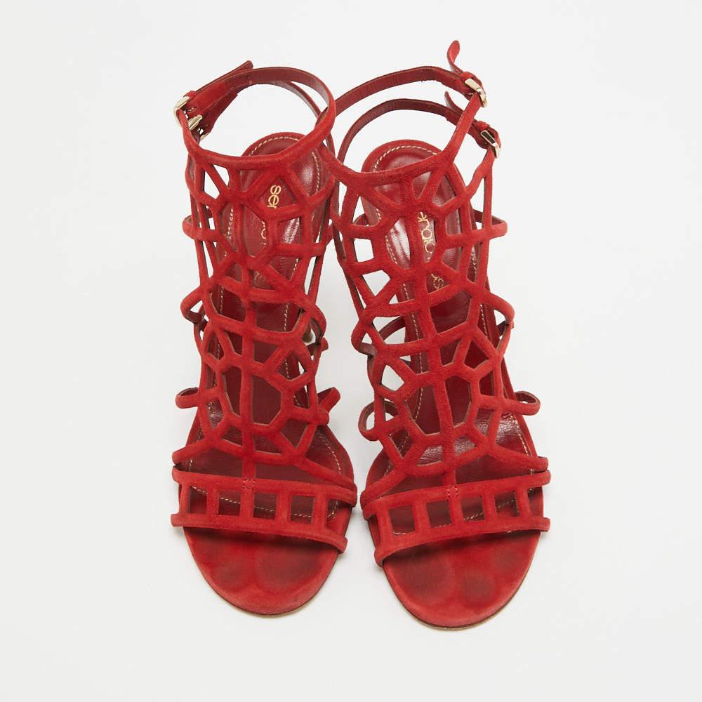 Marron Sergio Rossi - Sandales puzzle en daim rouge, taille 37 en vente