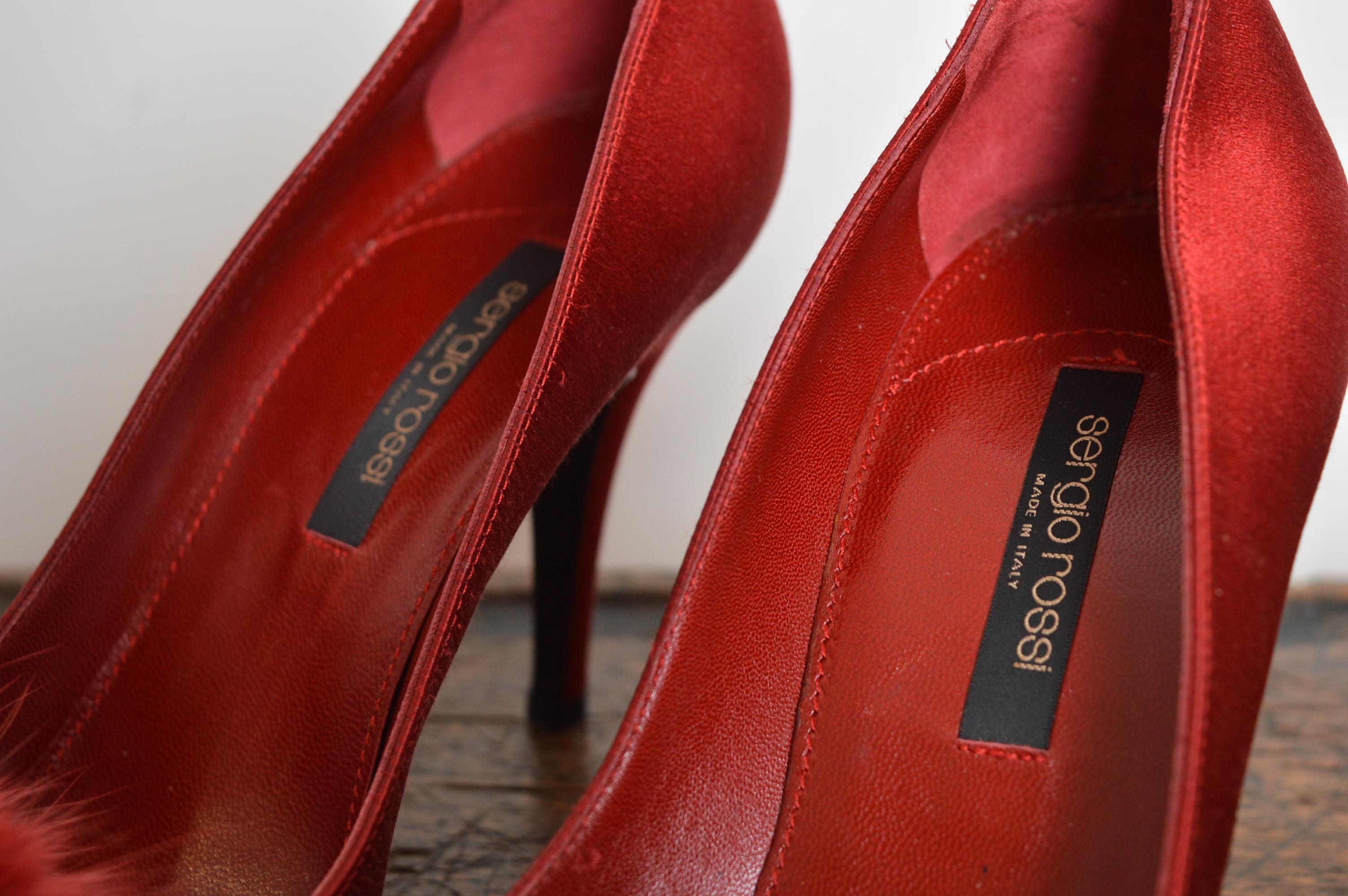 Sergio Rossi Ruby red Jewel tone Satin Mink Swarovski Hollywood Glam Court Heels For Sale 5
