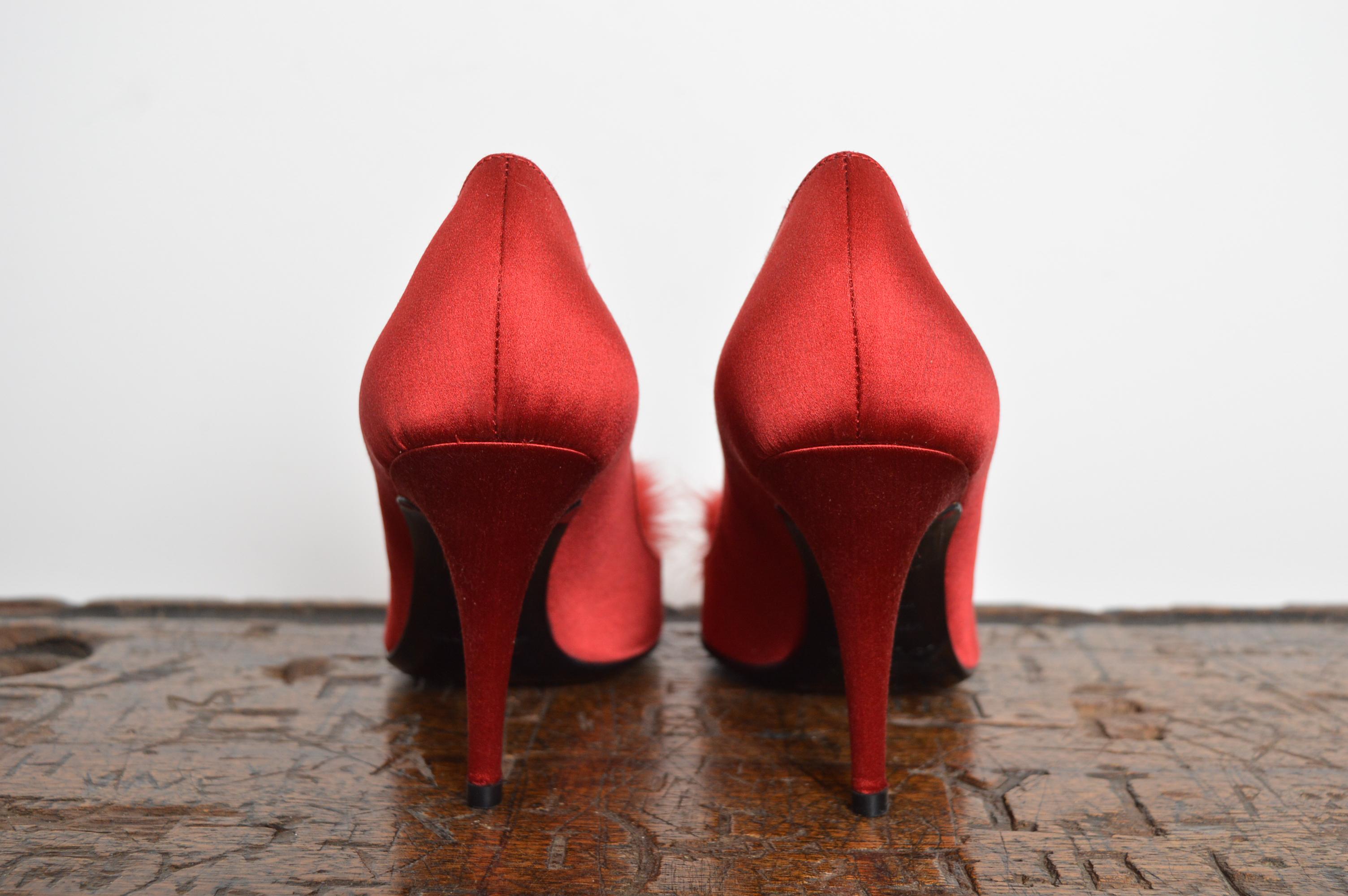 Sergio Rossi Ruby red Jewel tone Satin Mink Swarovski Hollywood Glam Court Heels For Sale 6