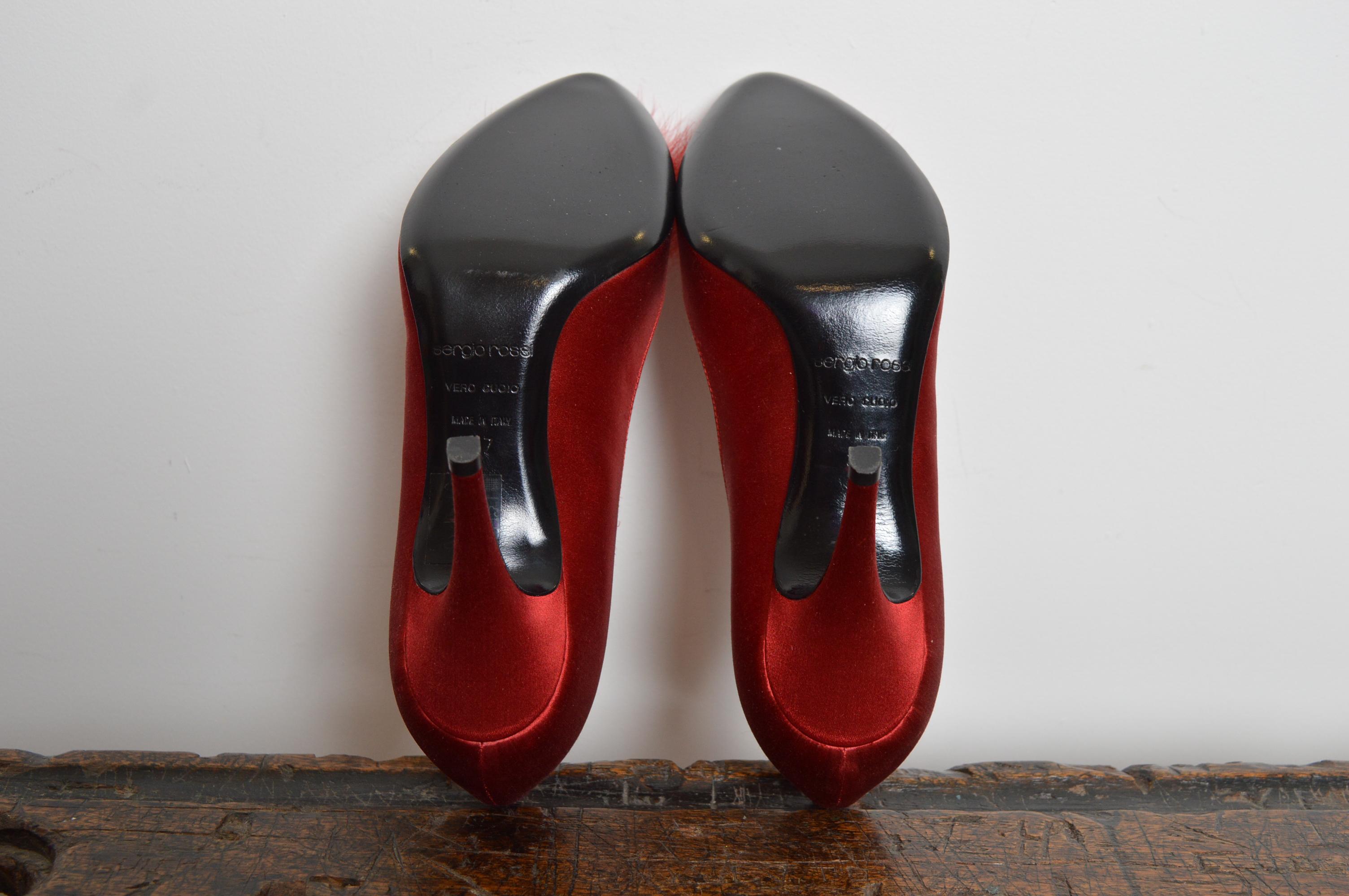 Sergio Rossi Ruby red Jewel tone Satin Mink Swarovski Hollywood Glam Court Heels For Sale 9
