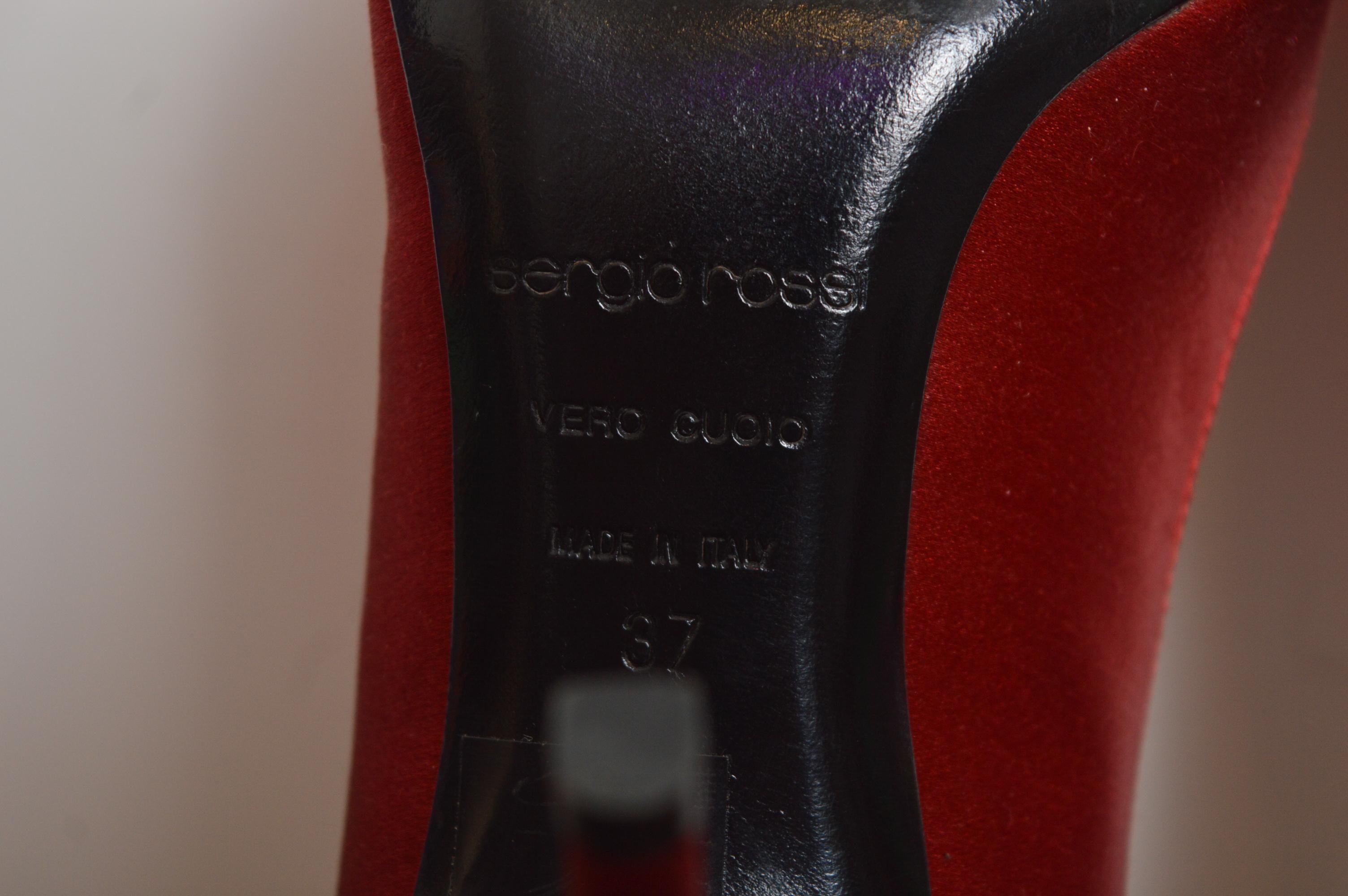 Sergio Rossi Ruby red Jewel tone Satin Mink Swarovski Hollywood Glam Court Heels For Sale 10