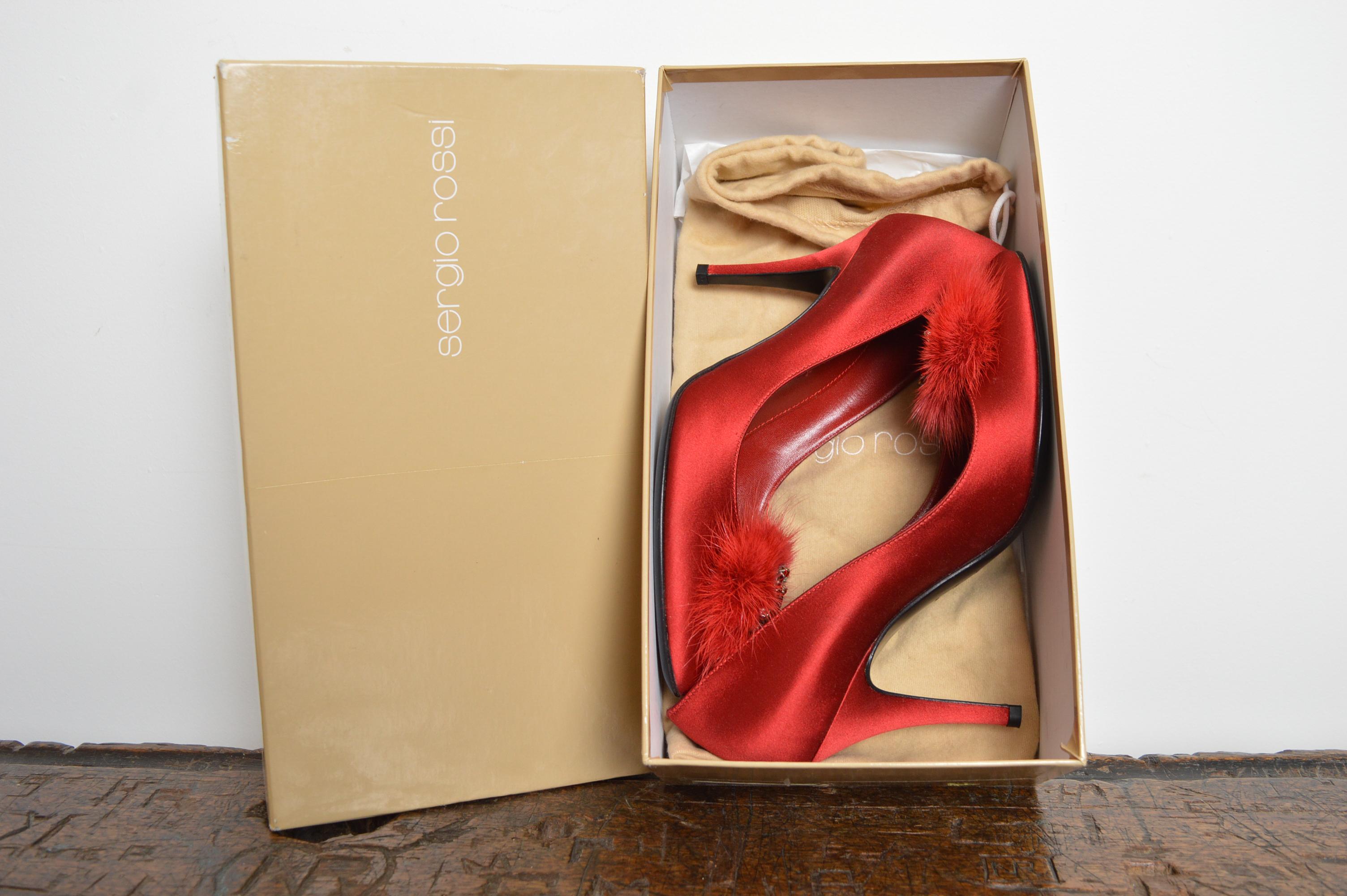 Sergio Rossi Ruby red Jewel tone Satin Mink Swarovski Hollywood Glam Court Heels For Sale 11