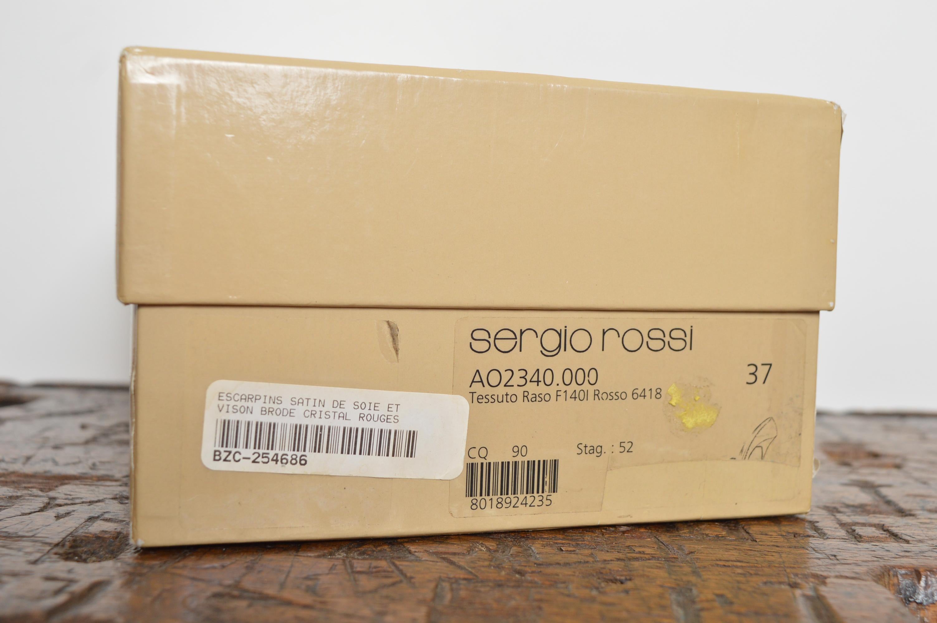 Sergio Rossi Ruby red Jewel tone Satin Mink Swarovski Hollywood Glam Court Heels For Sale 12