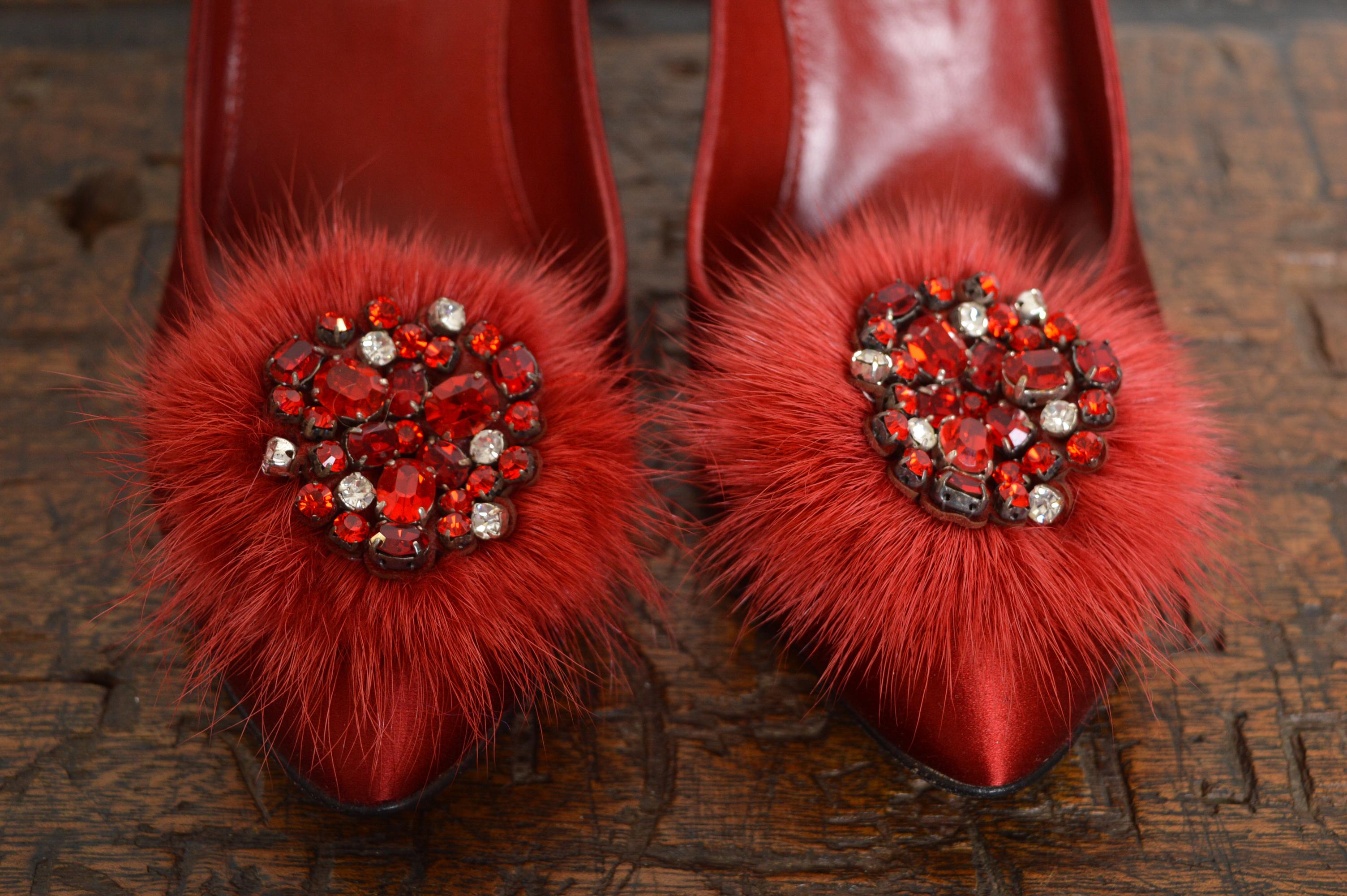 Women's Sergio Rossi Ruby red Jewel tone Satin Mink Swarovski Hollywood Glam Court Heels For Sale