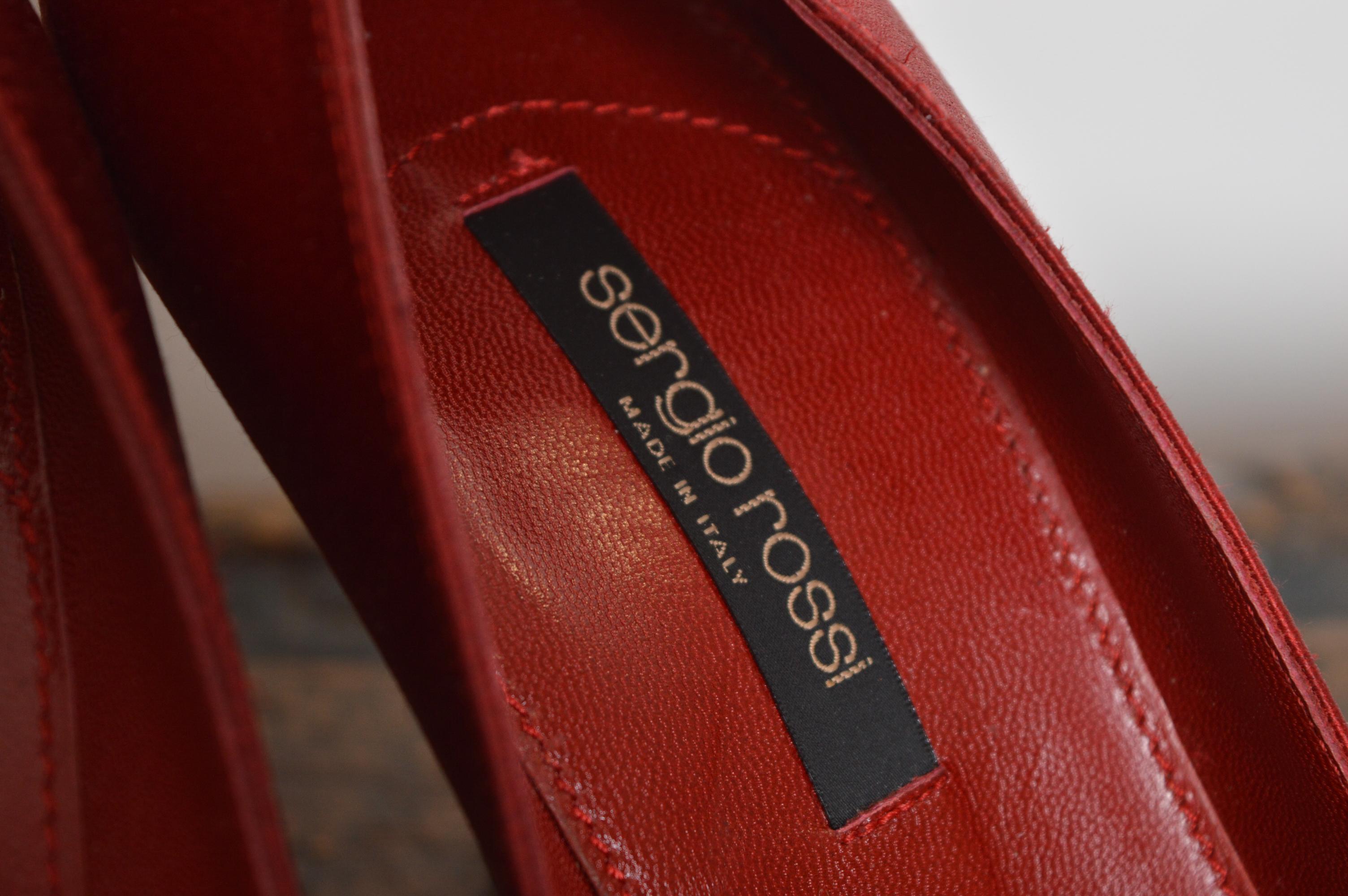 Sergio Rossi Ruby red Jewel tone Satin Mink Swarovski Hollywood Glam Court Heels For Sale 2