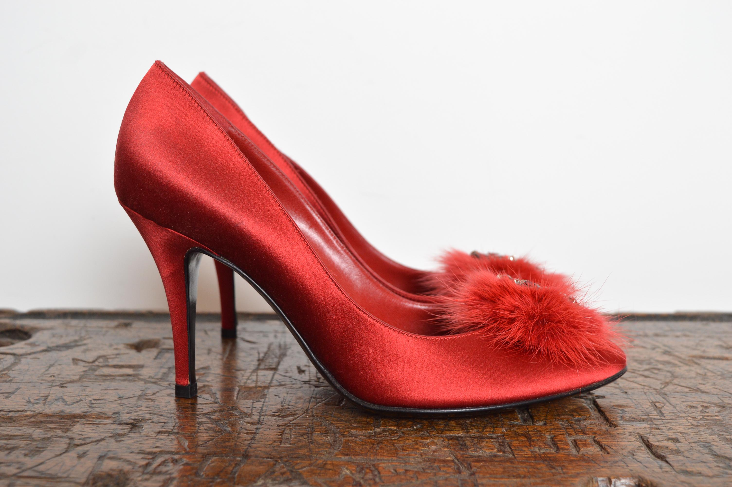 Sergio Rossi Ruby red Jewel tone Satin Mink Swarovski Hollywood Glam Court Heels For Sale 3