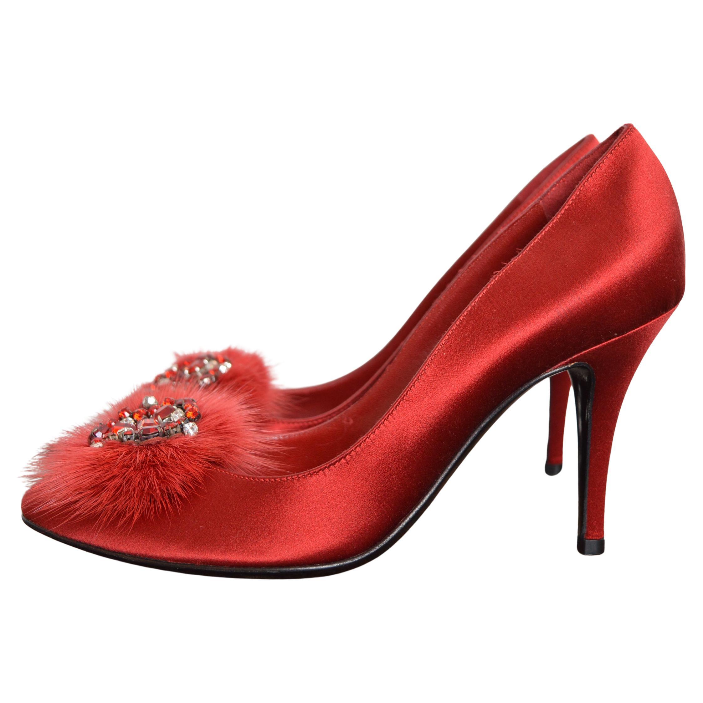 Sergio Rossi Ruby red Jewel tone Satin Mink Swarovski Hollywood Glam Court Heels For Sale